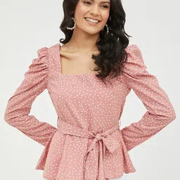 Harpa Pink Polka Dots Printed Puff Sleeve Crepe Cinched Waist Top-picture-35