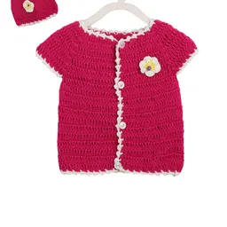 CHUTPUT Kids Pink Self Design Front-Open Crochet Woolen Sweater-picture-55