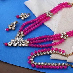ANIKAS CREATION Gold-Plated Pink & White Kundan-Studded & Beaded Multi-Stranded Jadau Jewellery Set-picture-13
