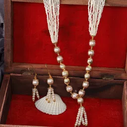 ANIKAS CREATION Gold-Plated & White Pearls Beaded Handcrafted Traditional Multi Strand Choker Jewellery Set-picture-22