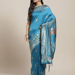Saree mall Teal & Orange Ethnic Motifs Zari Silk Blend Banarasi Sarees-picture-3