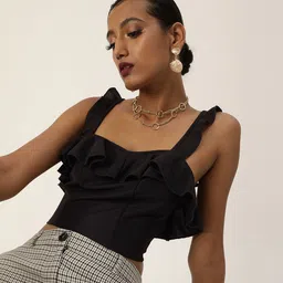 Veni Vidi Vici Sassy Black Ruffled Tie-Up Tank Crop Top-image-21