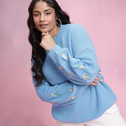 DressBerry Curve Plus Size Embroidered Sleeves Ribbed Pullover image 1