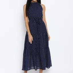 THREAD MUSTER Women Navy Blue Printed Fit and Flare Dress-picture-17
