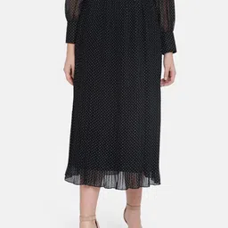 ISU Women Black Printed Pleated A-Line Midi Skirt-image-2