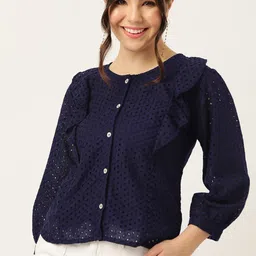 DressBerry Embroidered Schiffli Puff Sleeves Ruffles Cotton Pure Cotton Shirt Style Top image 1