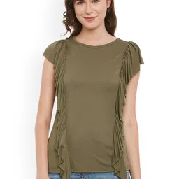 Belle Fille Women Olive Green Solid Top with Ruffled Detail-picture-21
