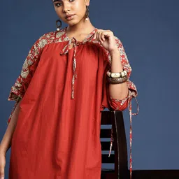 Taavi Floral Printed Tie-Up Neck Extended Sleeves Pure Cotton Bagru A-Line Kurta-picture-30