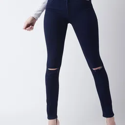Miss Chase Women Navy Blue Skinny Fit High-Rise Slash Knee Jeans-picture-30