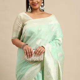 Sztori Ethnic Motifs Zari Linen Blend Banarasi Saree image 1