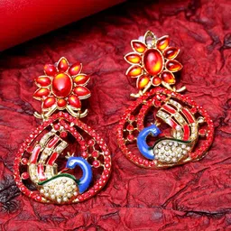 ANIKAS CREATION Red & Blue Peacock Shaped Drop Earrings-picture-51