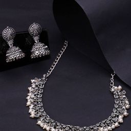 Yellow Chimes Oxidized Brass-Plated Silver-Toned Pearl Handcrafted Jewellery Set-picture-45