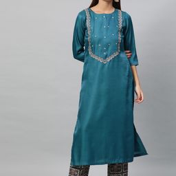 STREET 9 Women Teal Green Yoke Design Embroidered Kurta with Trousers-picture-16