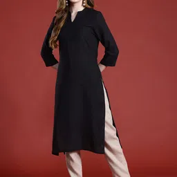 Anouk Self-Striped Band Collar Straight Kurta-image-19