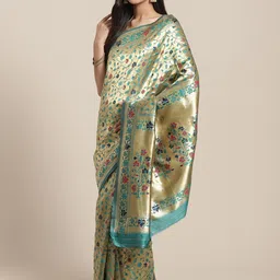 Saree mall Green & Gold-Toned Floral Zari Silk Blend Sarees-image-88