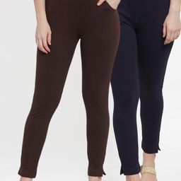TAG 7 Women Pack Of 2 Navy Blue & Brown Solid Ankle-Length Leggings-picture-17