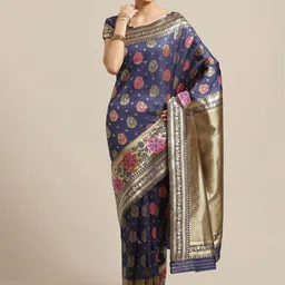 Saree mall Navy Blue Ethnic Motifs Zari Silk Blend Banarasi Sarees-picture-13
