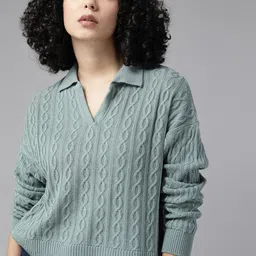 The Roadster Lifestyle Co. Cable Knit Shirt Collar Crop Pullover-picture-17