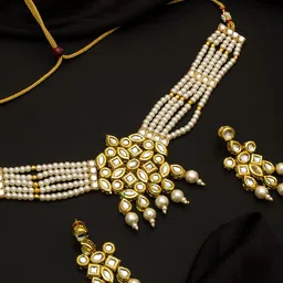 Aadita Gold-Plated White Kundan Studded Beaded Handcrafted Jewellery Set-picture-19