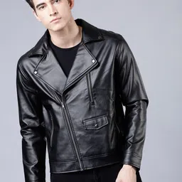 HIGHLANDER Men Black Solid Leather Jacket-picture-16