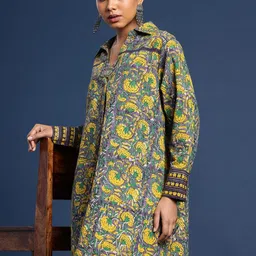 Taavi Floral Printed Shirt Collar Cuffed Sleeves Bagru A-Line Ethnic Dresses-picture-16