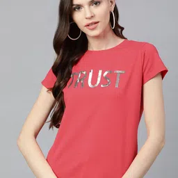 STREET 9 Women Pink & Silver Printed Round Neck T-shirt-image-85
