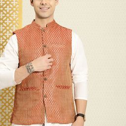 House of Pataudi Men Maroon & Gold-Toned Ethnic Motifs Woven Nehru Jacket-picture-35