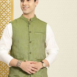 House of Pataudi Men Green & Gold-Toned Ethnic Motifs Woven Nehru Jacket-picture-34