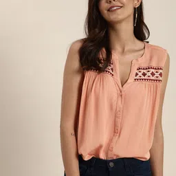 all about you Coral Pink Embroidered Mandarin Collar Regular Top image 1