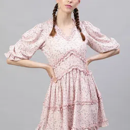 STREET 9 Women Peach-Coloured Printed Fit and Flare Dress-picture-32