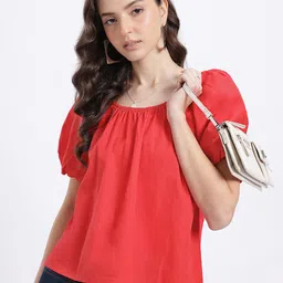 glitchez Fiery Red Puff Sleeves Top-image-6
