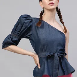STREET 9 Navy Blue Pure Cotton Solid Denim Peplum Top-image-57