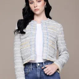 MANGO Tweed Frayed Hem Open Front Jacket-picture-8