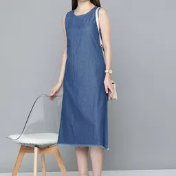Chemistry Solid Cotton Denim A-Line Midi Dress image 1