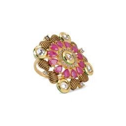 ANIKAS CREATION Women Gold-Plated & Pink Kundan Embellished Adjustable Finger Ring-image-67
