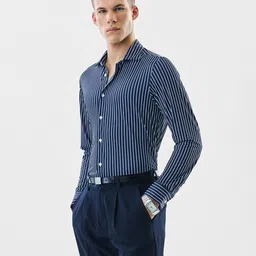 Snitch Pin Striped Spread Collar Slim Fit Formal Shirt-image-92