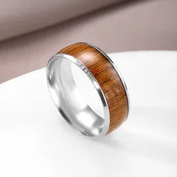 Peora Men Silver-Toned & Brown Wooden Band Ring-image-3