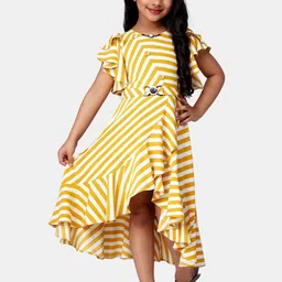 Peppermint Girls Mustard Yellow & White Striped Asymmetric A-Line Dress-image-24