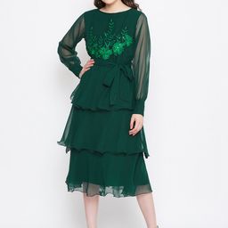 Bitterlime Women Green Embroidered Fit and Flare Dress-picture-19