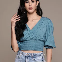 Label Ritu Kumar Blue Solid V-Neck Puff Sleeves Smocked Dobby Regular Crop Top-image-42