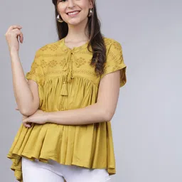 Tokyo Talkies Women Mustard Yellow Printed A-Line Top-picture-31