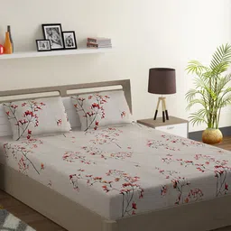 SWAYAM Beige & Red Floral 200 TC Cotton 1 King Bedsheet with 2 Pillow Covers image 1