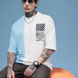 HERE&NOW Pure Cotton Typography Printed Colourblocked Relaxed Fit T-shirt-picture-11