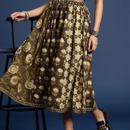 Taavi Women Pure Cotton Floral Printed Bagru Flared Midi Skirt-picture-38