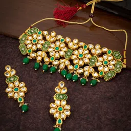 Sukkhi Gold Plated Green & White Kundan-Studded Beaded Meenakari Sustainable Jewellery Set-picture-35
