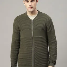 LINDBERGH Men Olive Green Self Design Cardigan Sweater-picture-22