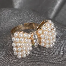ANIKAS CREATION Gold-Plated White Stone & Pearl Studded Bow-Shape Adjustable Finger Ring-picture-11