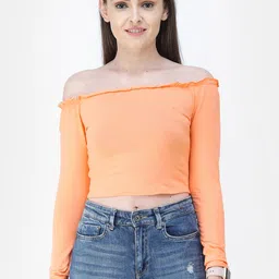 Cation Women Orange Solid Bardot Crop Pure Cotton Top-picture-19