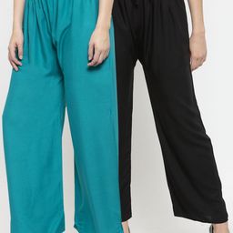 Clora Creation Women Pack Of 2 Turquoise Blue & Black Solid Straight Palazzos-picture-17