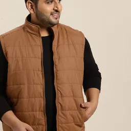 Sztori Men Plus Size Brown Solid SleevEless Padded Jacket-picture-15